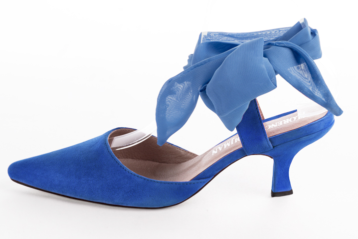 Electric blue women's open back shoes, with an ankle scarf. Tapered toe. Medium spool heels. Profile view - Florence KOOIJMAN